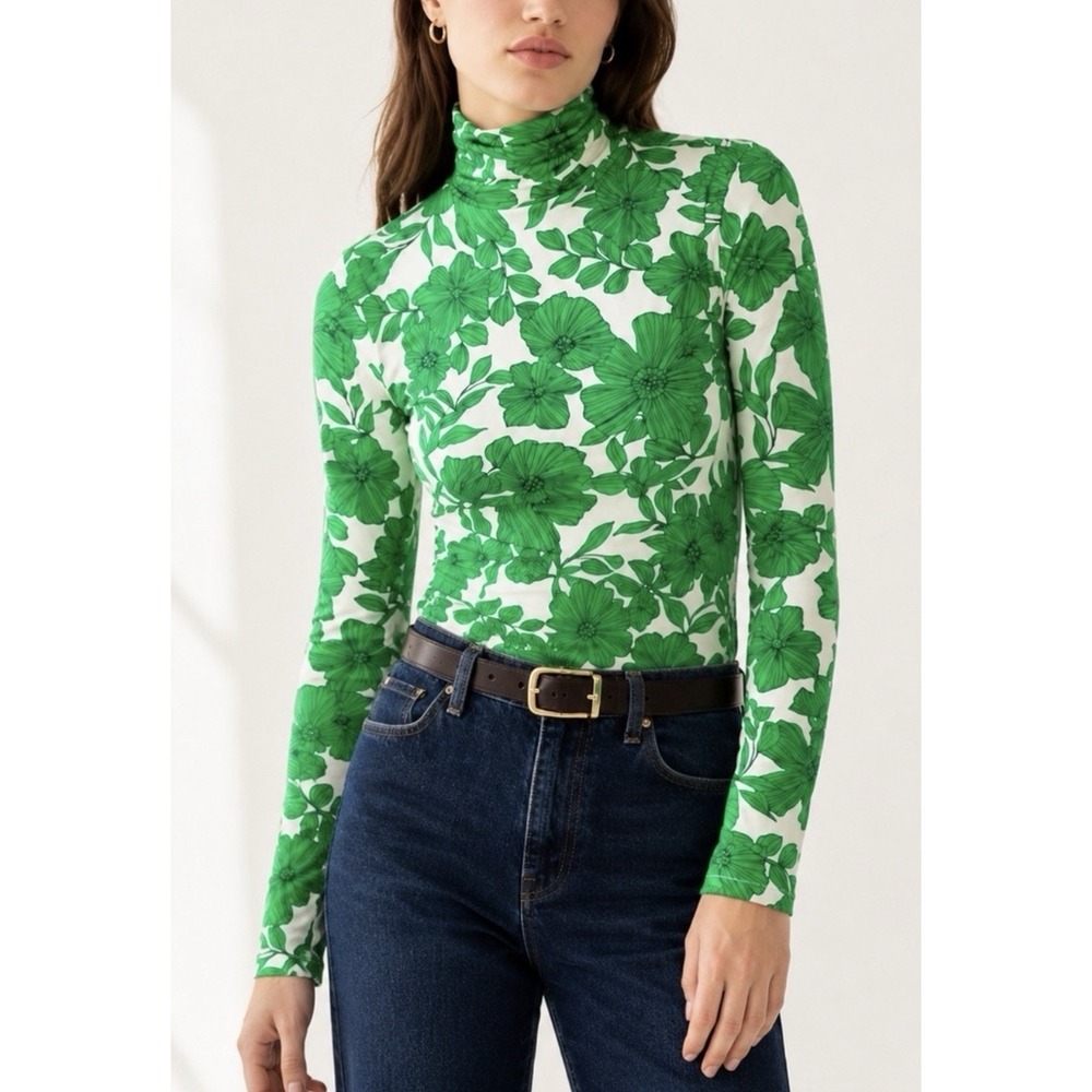 NEW J Crew Matte Jersey Turtleneck XL Green Botanical Floral Retro Mod Chic Top